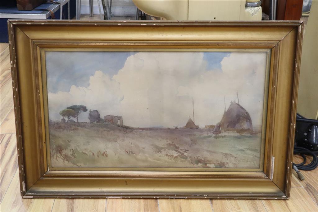 Onorato Carlandi (1848-1939), watercolour, Haystacks near Rome, signed and inscribed Roma, 36 x 65cm